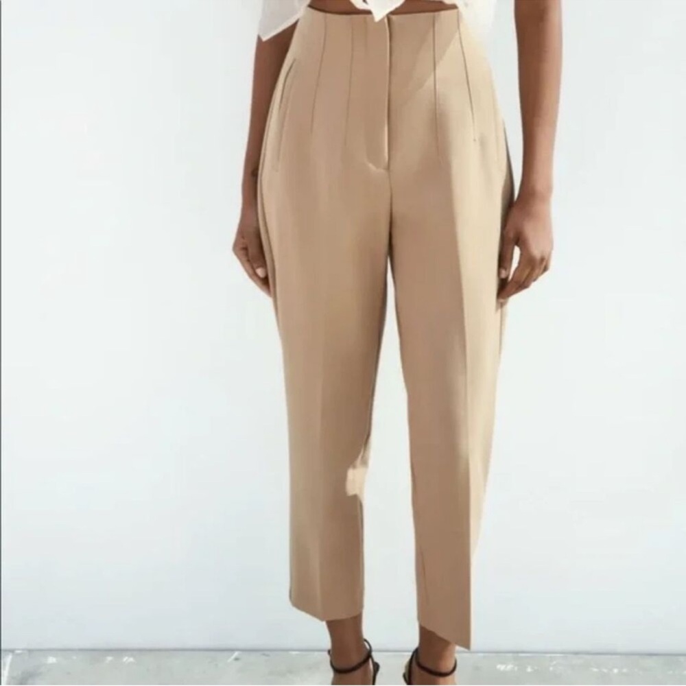 Zara Cropped High-Waist Tailored Pants in Beige